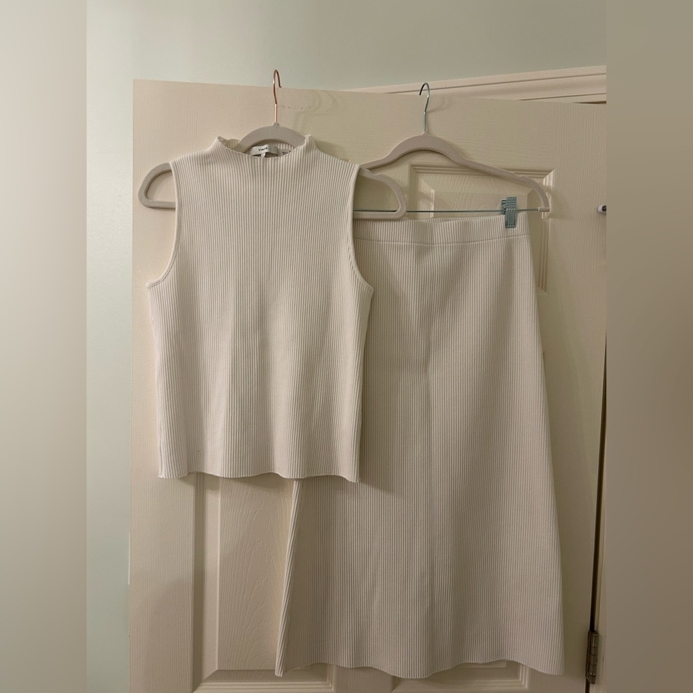 Vince Cream Ribbed Knit Top and Pencil Skirt